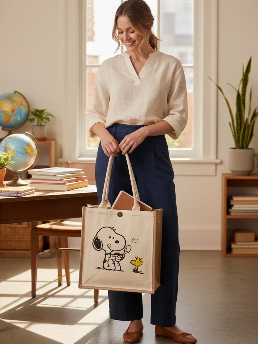 Hand made Canvas Snoopy & Woodstock Tote Bag - Cream excellent quality